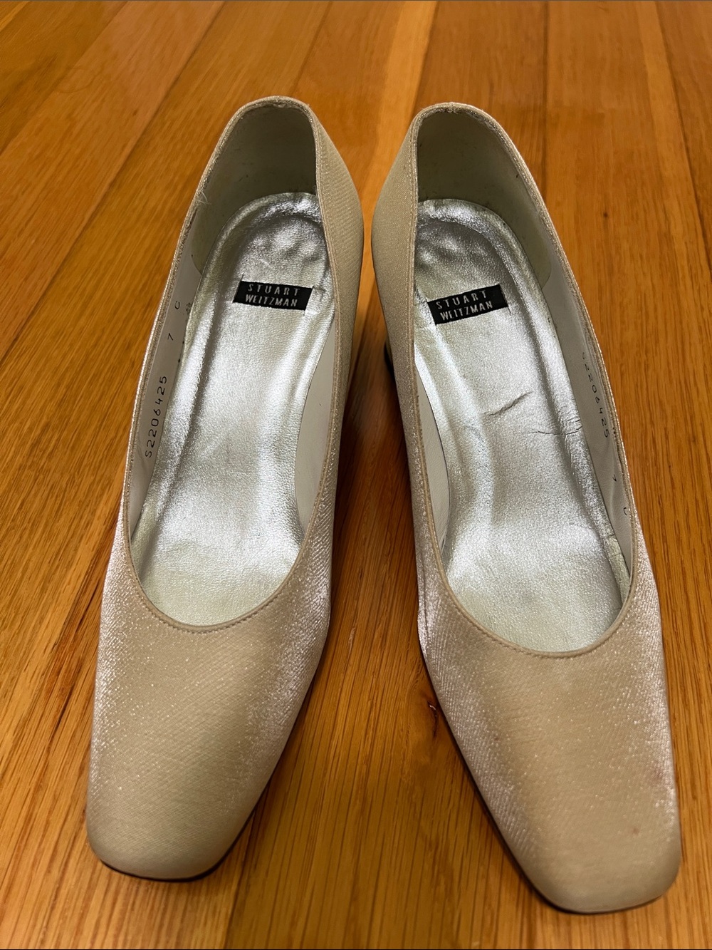 Stuart Weitzman Ivory Satin Square Toe Pumps